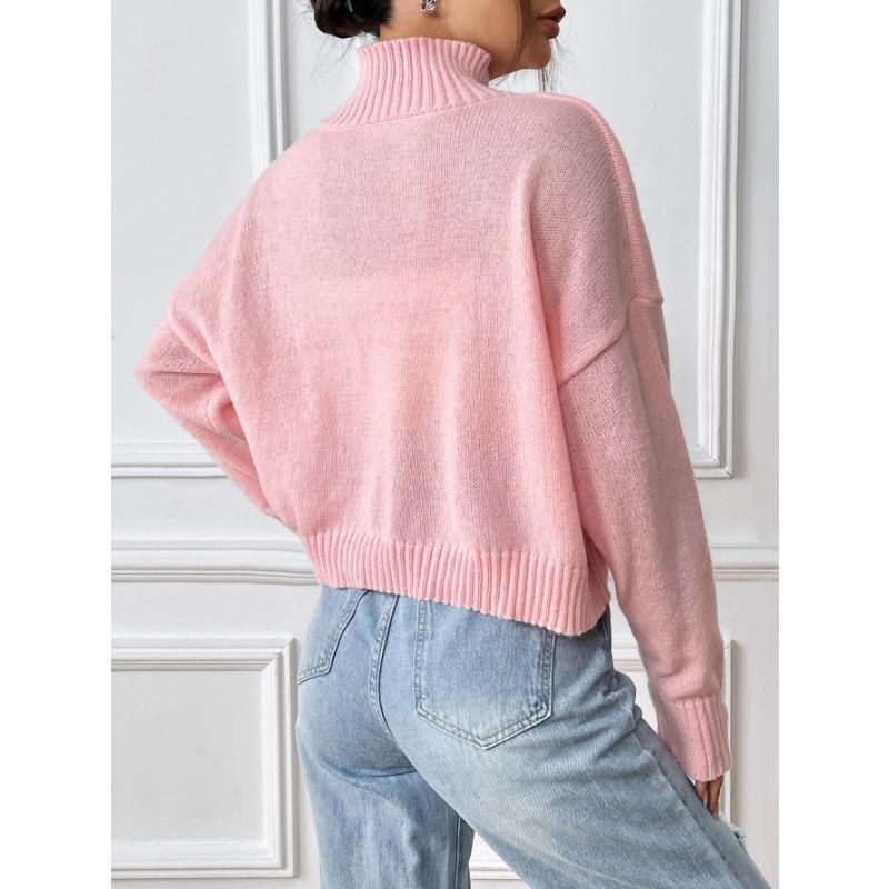 Women's Short High Neck Pullover Bow Embroidery Patchwork Sweater