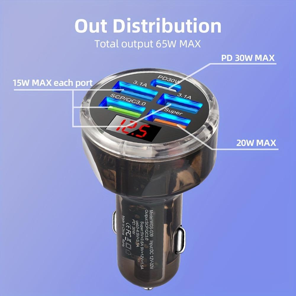 Автомобильное зарядное устройство USB 150 Вт с 5 портами, PD30W Type-C, дисплеем напряжения и многопротокольной быстрой зарядкой для автомобилей 12–32 В