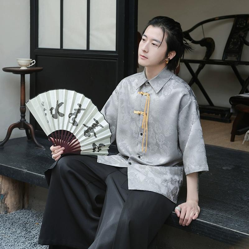 Рубашка в китайском стиле, мужское платье Тан, рубашка Ханфу с половиной рукава, мужская одежда кунг-фу с принтом, свободные повседневные топы