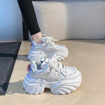 7,5 см Модные женские массивные кроссовки Черные кроссовки на платформе для женщин Новые дышащие кожаные спортивные кроссовки на толстой подошве в стиле «папа»