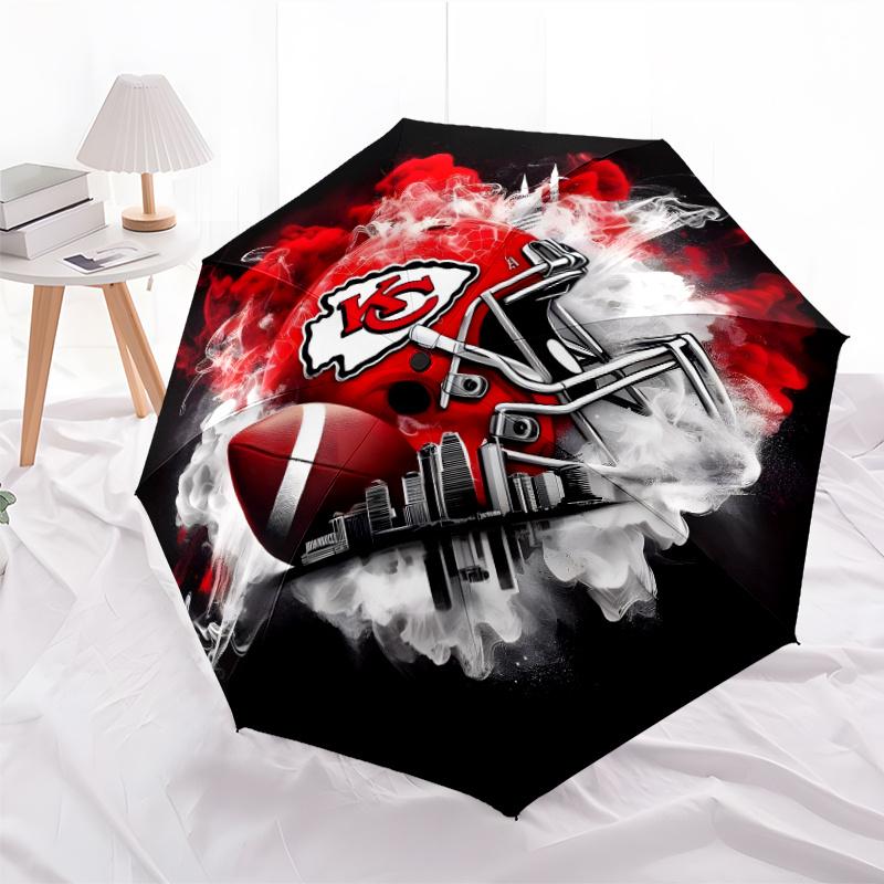 Kansas City Chiefs Helmet And Football Artwork Portable Automatic Umbrella With Elegant Collapsible With 8Rib Durable Plastic Iron Durable Everyday