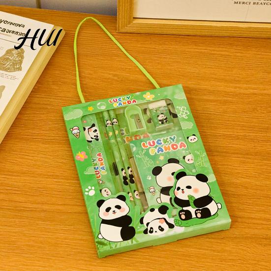 School Supplies Gift Set 6Pcs Cute Stationery Portable Box Kawaii Eraser Pencil Sharpener Cartoon Capybara Panda Design Complete Kids Students