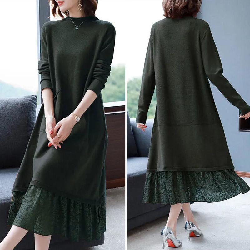Платье женское осенне-зимнее кружевное удобное эластичное платье-свитер средней длины трикотажные платья с длинными рукавами