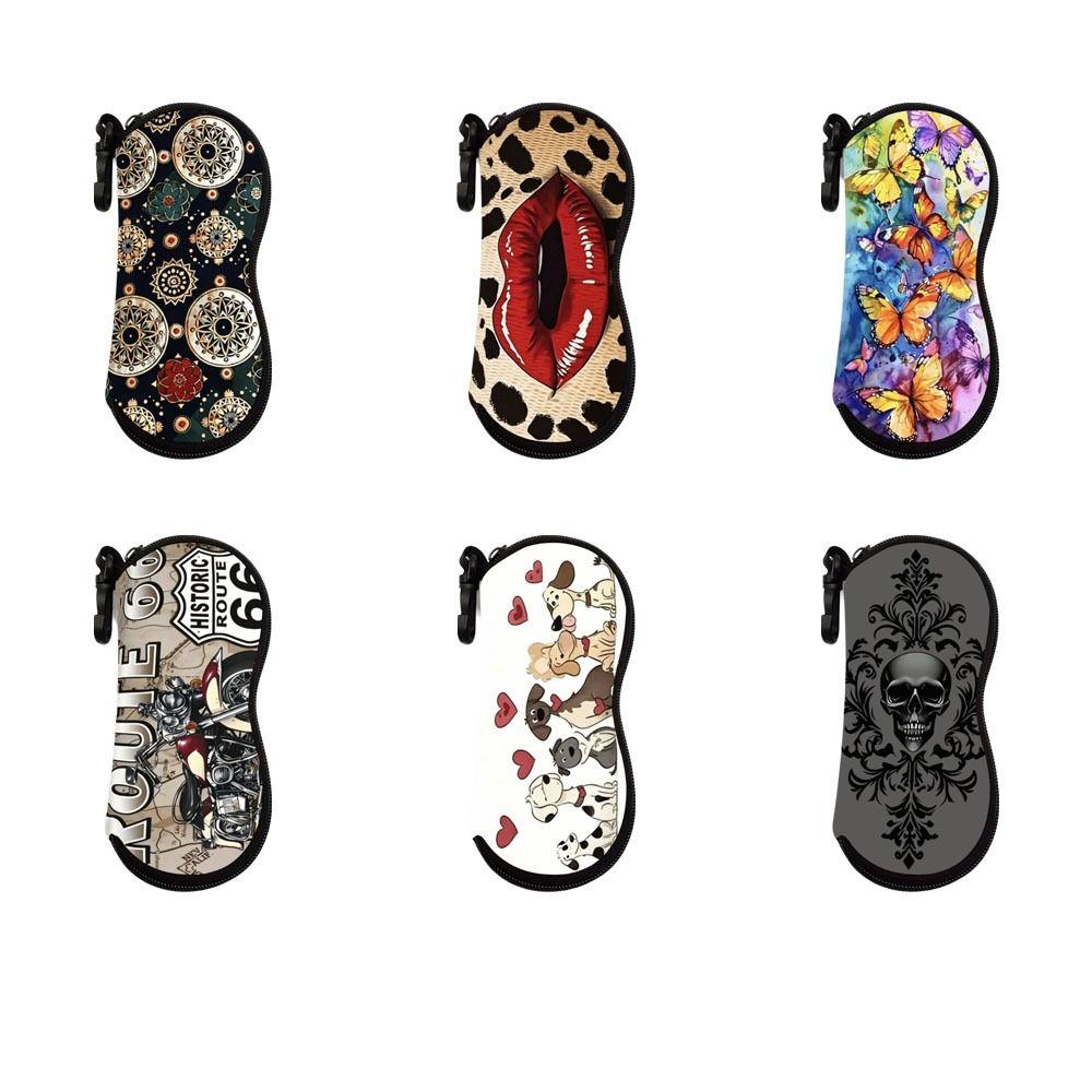 Portable Hanging Flower Print Eyeglass Case Leather Soft Reading Glass Pouch Water-resistant Lips Print Sunglasses Holder Gifts