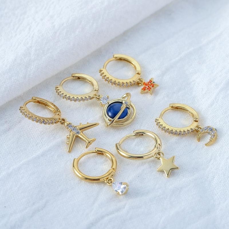 ANENJERY Наборы сережек-кольца из 6 предметов с цирконом, самолетом, планетой, Луной, звездой для женщин, роскошные блестящие ювелирные изделия
