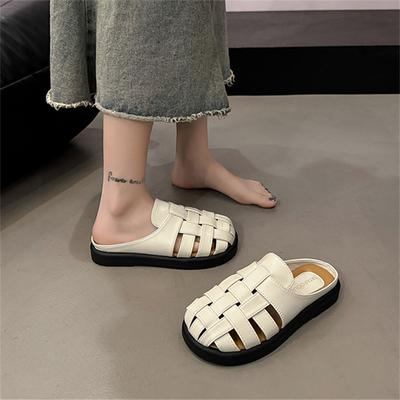 Женские сандалии на плоской подошве с полым плетеным верхом, с открытым носком, летние шлепанцы, корейский стиль, узел, материал ПУ, резиновая подошва
