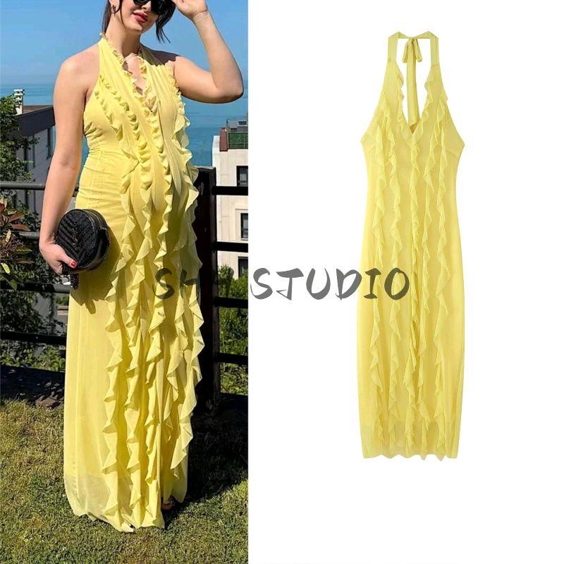 Summer New Product Women's Clothes French Sexy Wind Pure Color Ruffles Hanging Collar Backless Long Midi Skirt Dress