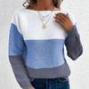 Autumn and Winter Knitted Sweater Women's Contrasting Color Spliced Round Neck Long Sleeved Pullover Top
