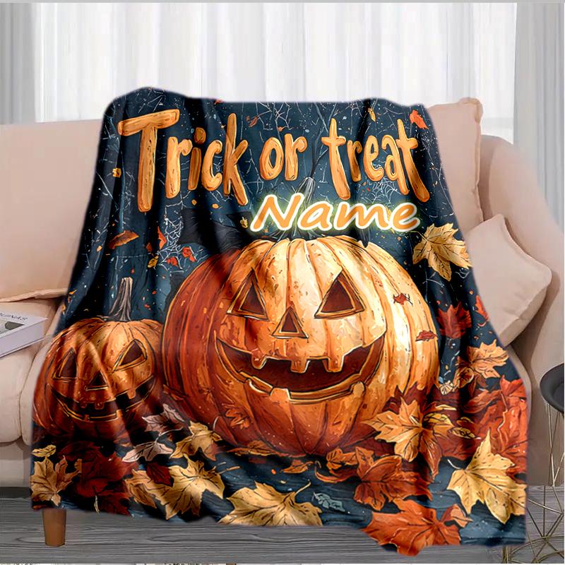1PC Custom Name Halloween Pumpkin Night outdooor Flannel blankets Throw Blanket All-Season Throw Gift Bedspread for Couch, Bed, Camping Holiday Birthd