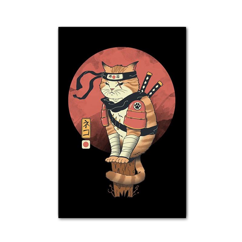 Забавный японский плакат с изображением самурая и кота, холст, живопись, классические суши и кошки, настенные художественные фотографии для гостиной, украшения дома