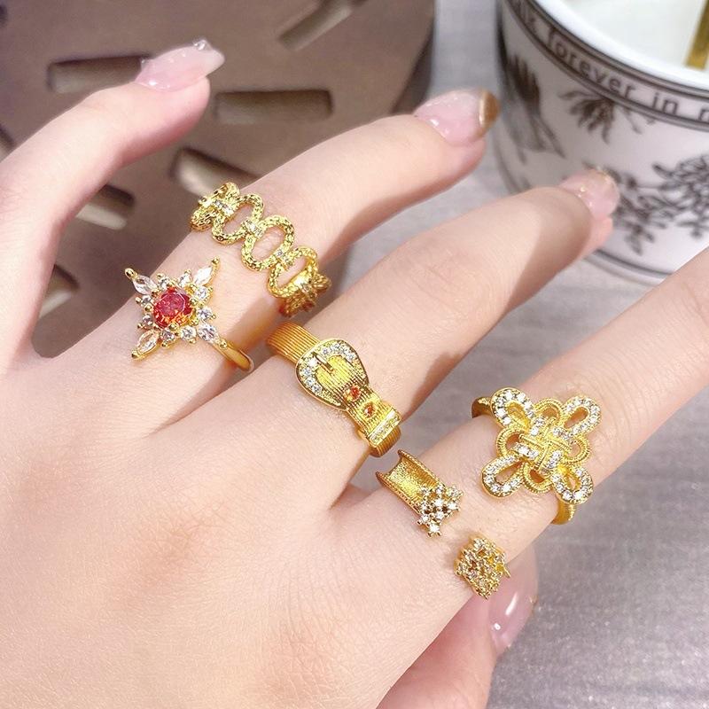 Medieval Vintage Brushed Zircon Chinese Knot Belt Open Ring Light Luxury Retro Ring