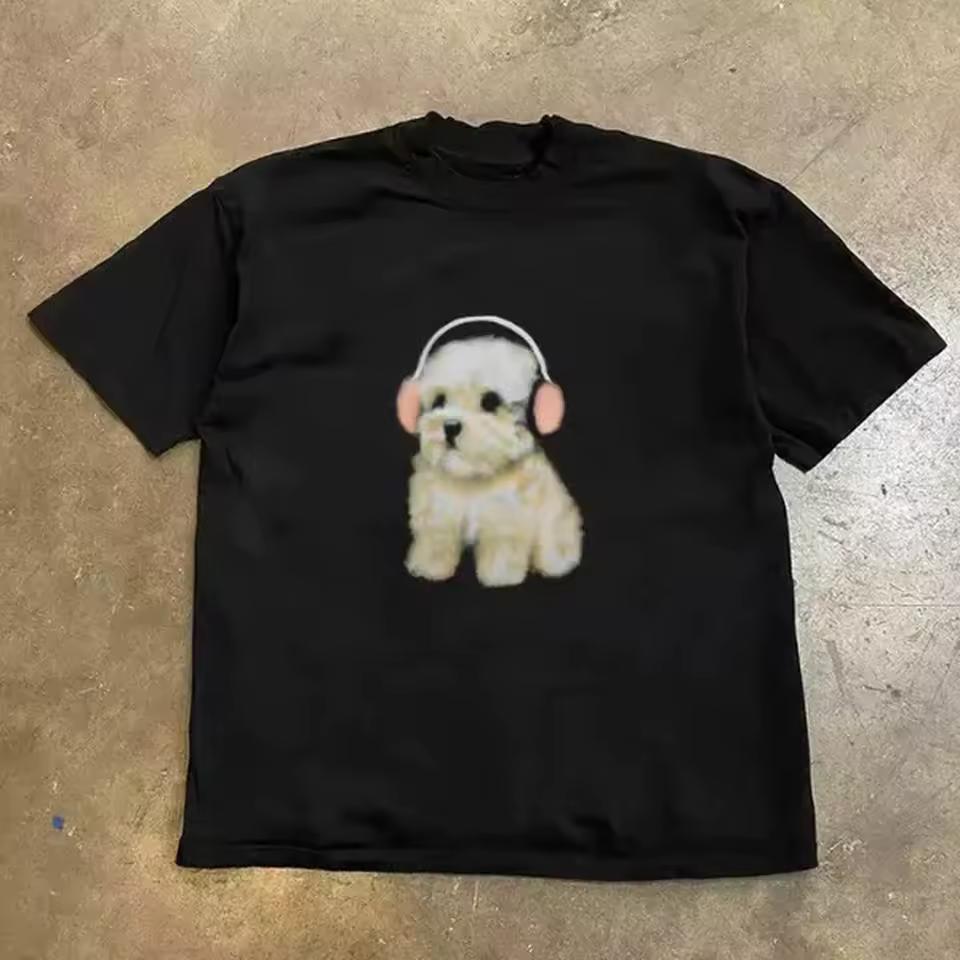 Puppy Listening T-Shirt, Unisex Graphic Tees Gothic Grunge Y2k Emo Scene Amity Affliction Style Clothes Menswear Womenswear Streetwear