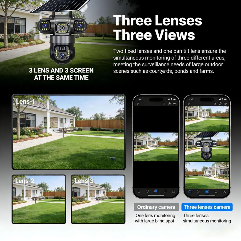 360° Panoramic 3-Lens Wireless Solar Camera with AI and 3-Screen Monitoring