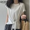 Женские модные повседневные однотонные блузки и рубашки с коротким рукавом и круглым вырезом с принтом