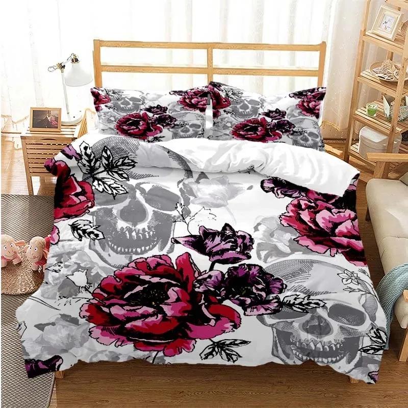 Sugar Skull Duvet Cover Set Queen Size Flowers Skeleton Bed Linen Double Bedding Set With Pillowcase King Size Skull Quilt Cover