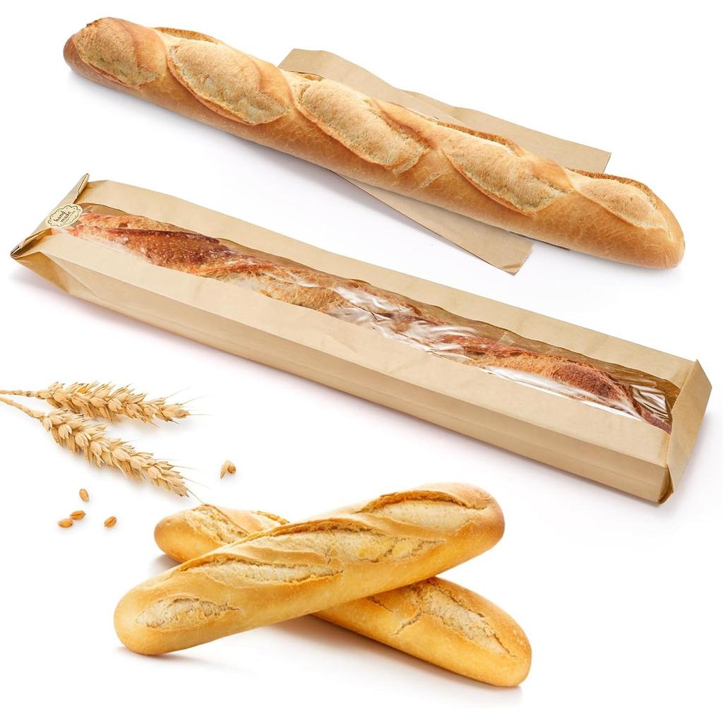 100 Pack Baguette Kraft Bags with Clear Front Window and 100 Seal stickers, Fresh Breads Loaf Packing Bags, 23"x4"x1.6" Long Bread Kraft Paper