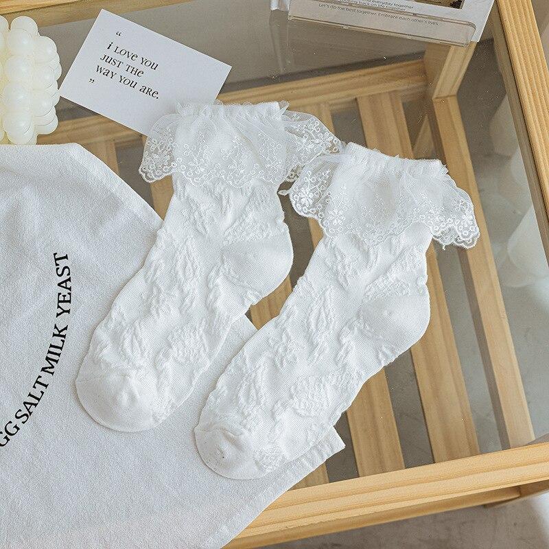 Lolita Style Japanese Kawaii Women Socks Cute Frilly Ruffle Socks Solid White Black Mesh Lace Girls Sweet Harajuku Short Socks