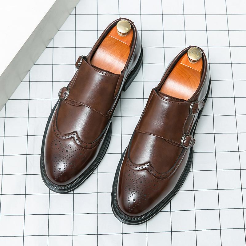 Модные весенние новые модные мужские удобные кожаные туфли Mengke Shoes Brand Business Carved Dress Double Buckle Groom Wedding Shoes