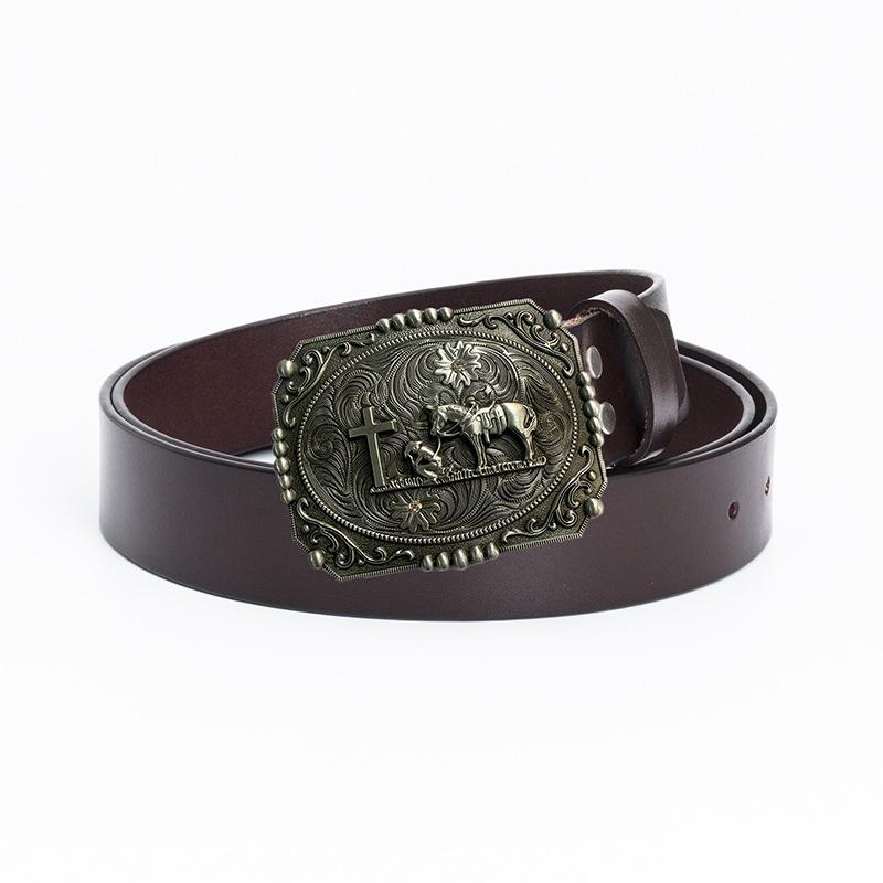 Ремень Western Cowboy Horse Cross из цельной коровьей кожи в винтажном стиле