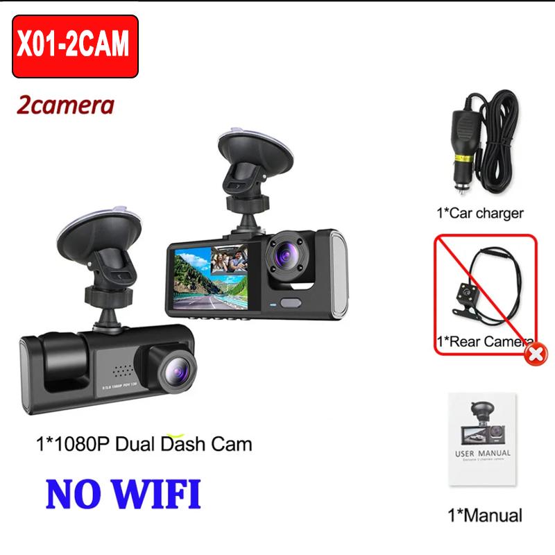 1080P Автомобильный видеорегистратор WiFi APP 3/2 объектива Видеокамера на приборную панель для автомобилей Камера для видеозаписи транспортного средства Передняя и задняя камера Ночное видение Видеорегистратор