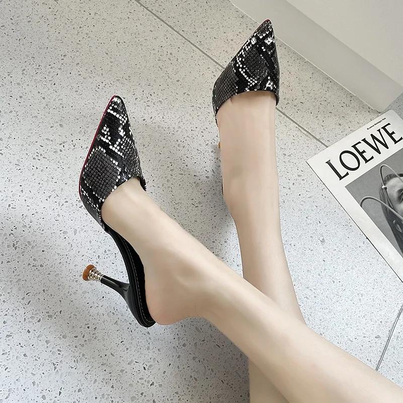 Тапочки Baotou Half, женская верхняя одежда, лето 2024, новая мода, темперамент, змеиный узор, острый нос, туфли-шпильки для женщин