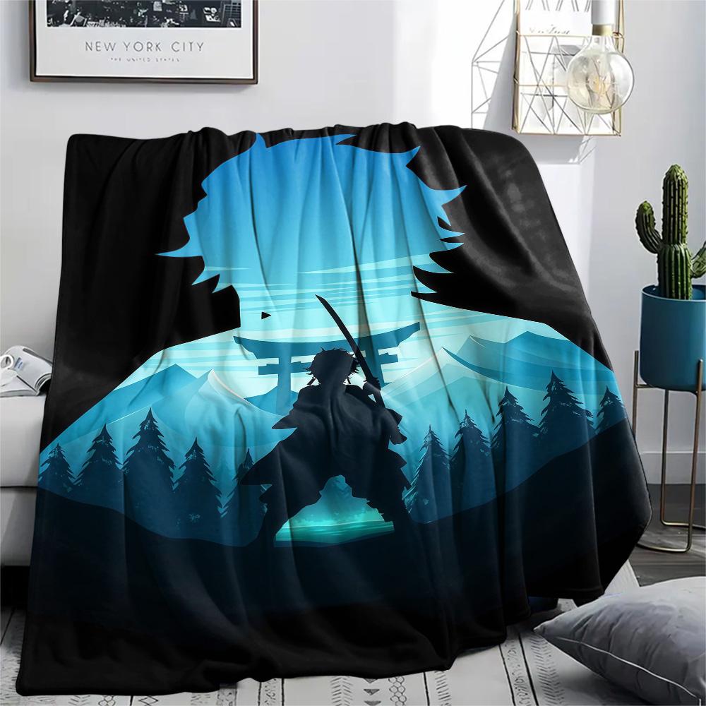 1PC Demon Slayer Black Patterned Flannel Blanket Suitable For All Seasons For Home Decor Warmth And Comfort Gifts Holiday Present