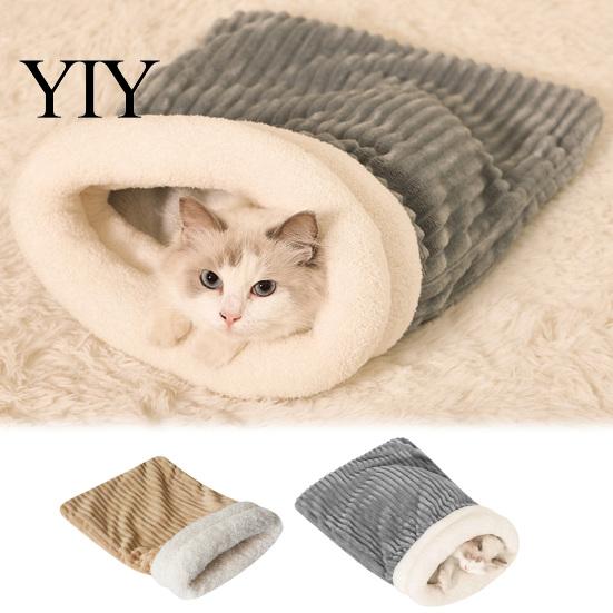 Indoor Cat House Sleeping Bag Cave Bed, Thick Flannel Enclosed Nest, Warm Cloud Fleece Pet Small Animal Bedding Bed for Winter, 2 in 1 Convertible Mat