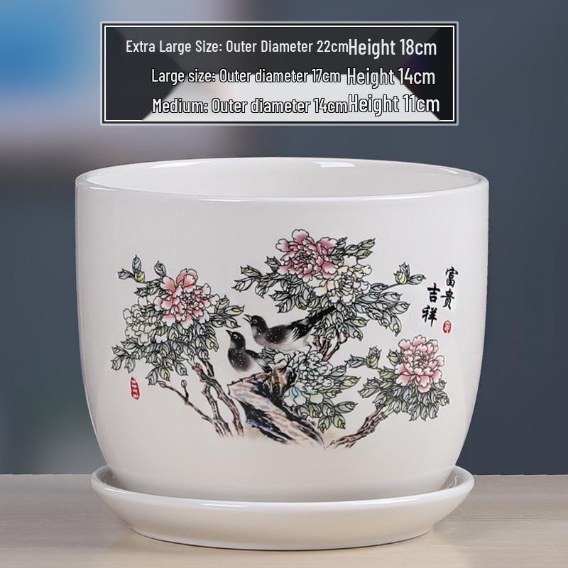 Simple White Ceramic Flower Pot with Base for Indoor Plants - Available in Large and Extra Large