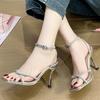 2025Summer Womens Fashion Square Toe Open Toe Narrow Strap Sandals New Style Diamond Studded Designer Outdoor Wedding High Heels