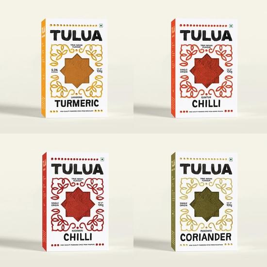 Набор молотых специй масала Tulua из 4 штук | Порошок куркумы Лакадонг, Порошок чили Гунтур, Порошок кашмирского чили, Порошок кориандра