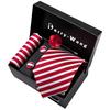 Barry.Wang Men's Striped Necktie Red White Tie Hanky Cufflinks Boutonniere Pin with Gift Box