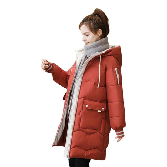 Зимнее пуховое пальто Утолщенный с капюшоном Защита шеи Карманы Застежка-молния Затягивающийся шнурок Ветрозащитный Сохранение тепла Повседневная верхняя одежда для холодной погоды Хлопок