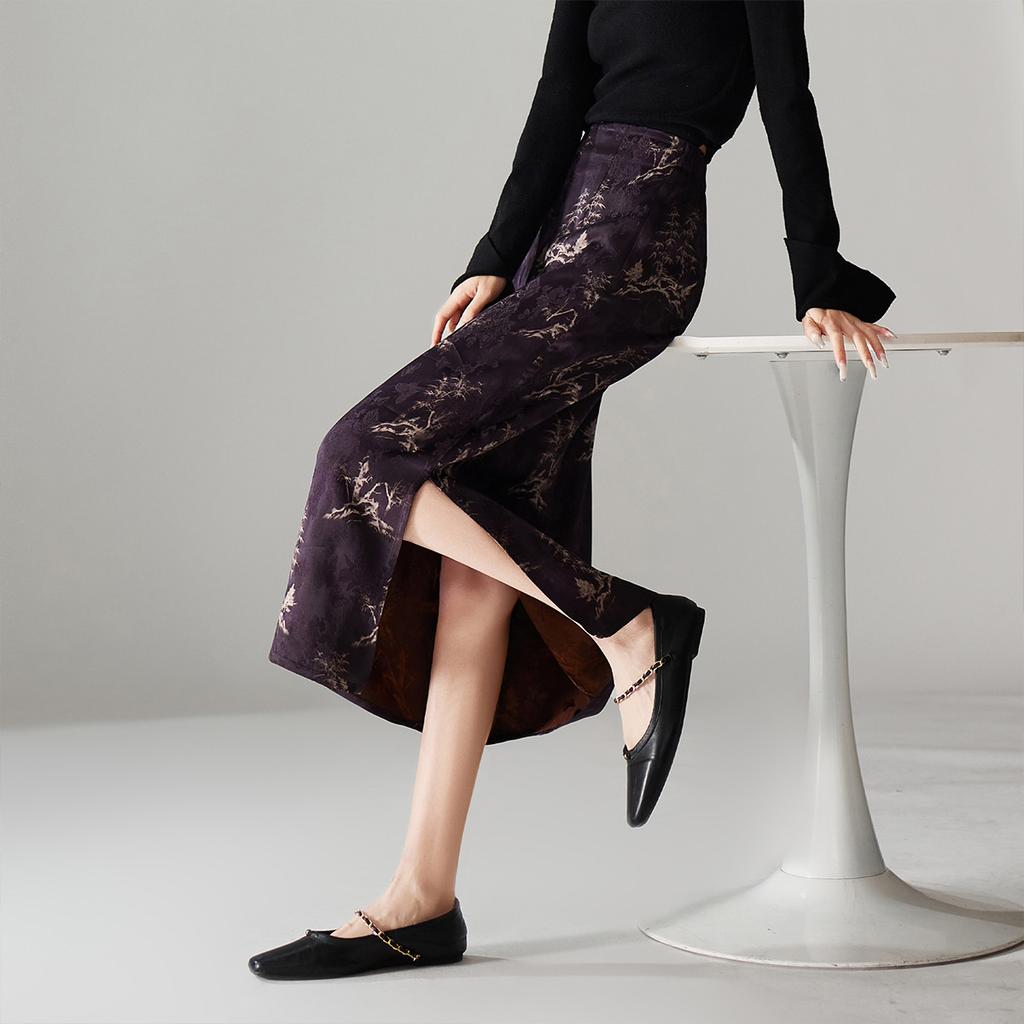 New Chinese style printed high waisted split skirt 2026 Spring and Autumn temperament commuting versatile mid length skirt