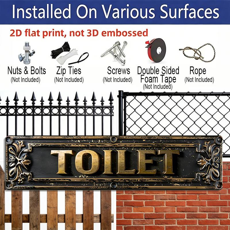 2D Flat 1pc Gothic Luxury Aluminum Toilet Sign "TOILET" with Ornate Gold Frame & Black Background 15.7x3.94 Inch, Vintage Victorian Metal Wall Plaque