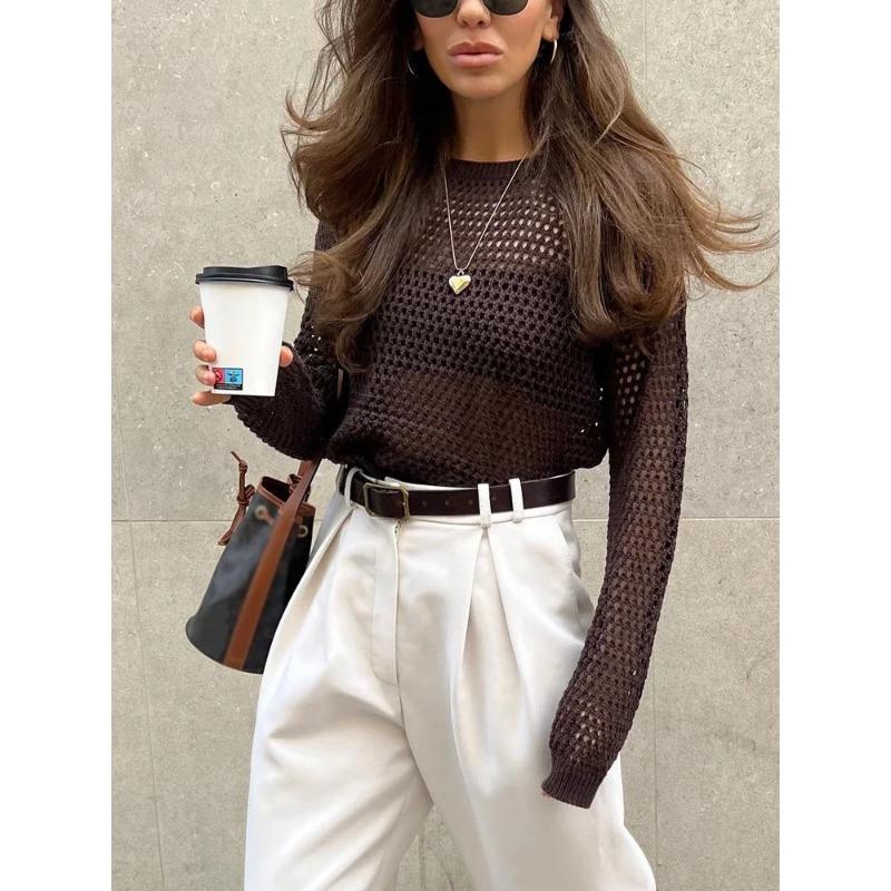 Прозрачный винтажный топ с длинным рукавом, свободные пуловеры, базовая сексуальная футболка для женщин, летний вязаный свитер, женская футболка оверсайз