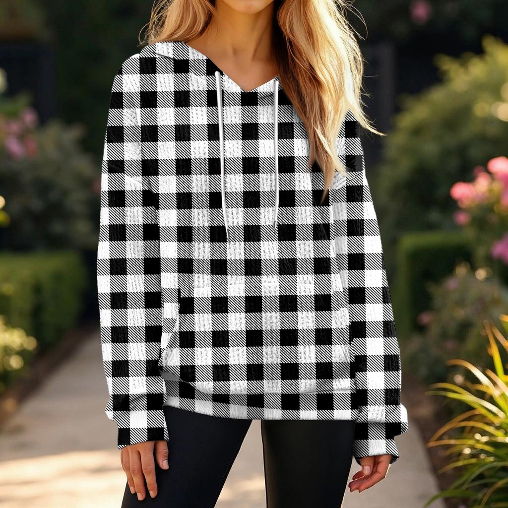 Women's Fashion Casual Plaid Print Pullover Long-Sleeve Hooded Sweatshirt