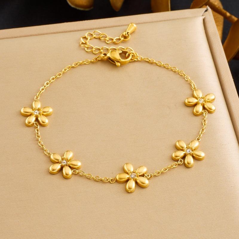 Gold Plated Flower Jewelry Set Necklace Bracelet and Stud Earrings with Crystal Accents