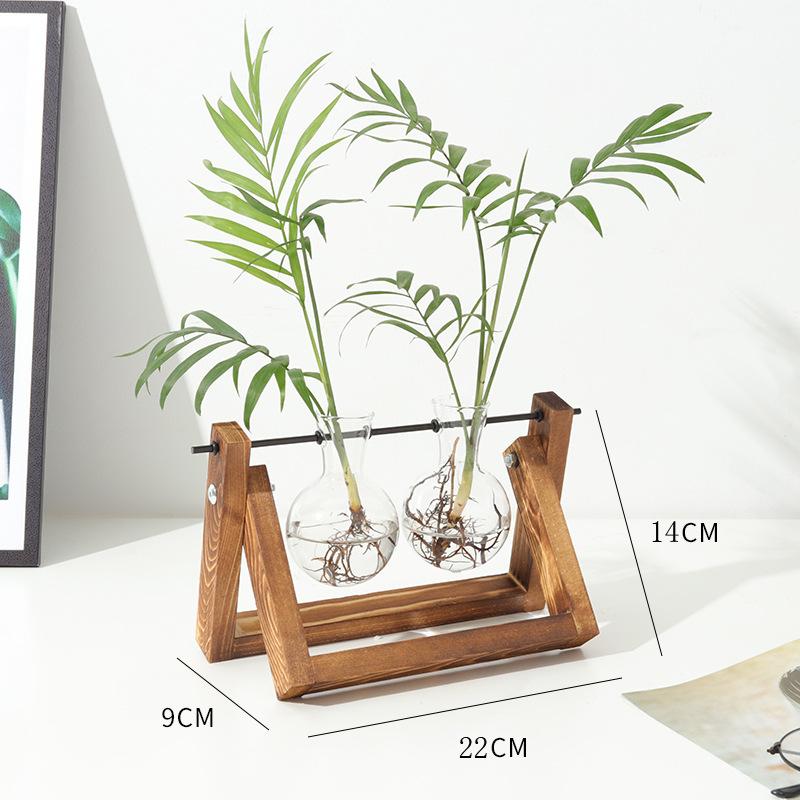 Hydroponic Vase Glass Transparent with Wooden Stand Creative Simple Desktop Green Plant Cultivation Container Home Decoration Or