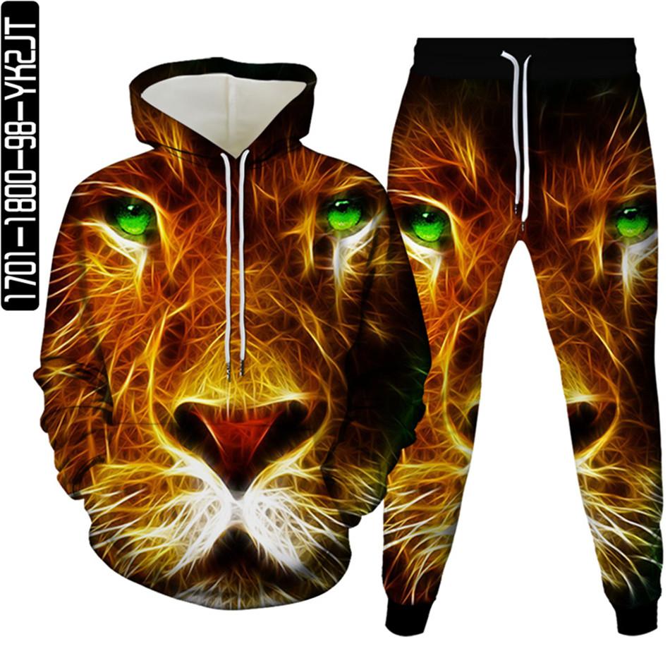 Весенне-осенний мужской спортивный костюм с 3D принтом животных и леопарда, 2 предмета, женский спортивный костюм больших размеров S-6XL, одежда с капюшоном и брюками, спортивный комплект