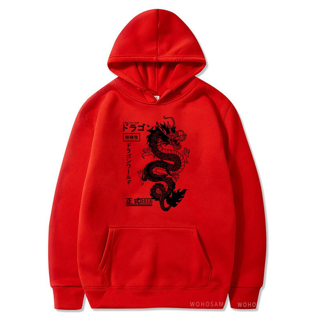Japanese Letter & Dragon Graphic Drawstring Hoodies Unisex Fashion Casual Oversized Loose Pullover Tops Spring Autumn Black Sweatshirts