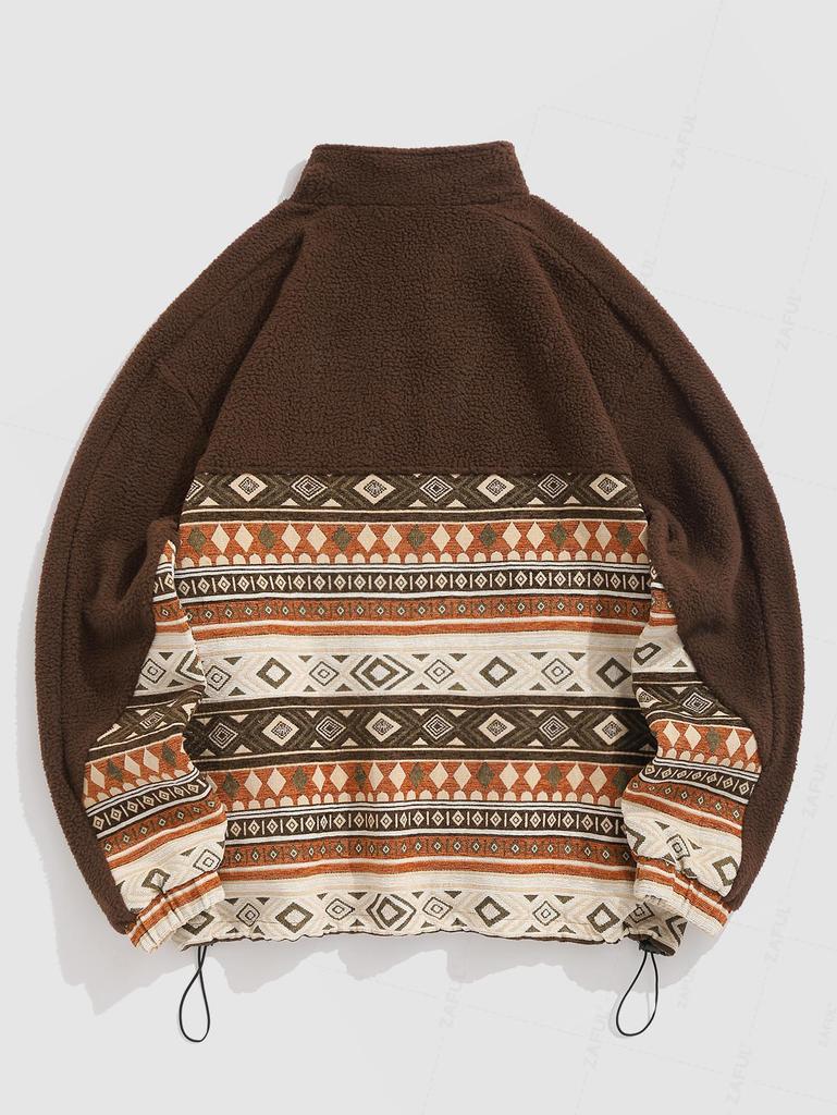 ZAFUL Мужская куртка из флиса с этническим ацтекским геометрическим принтом, застежкой-молнией и воротником-стойкой