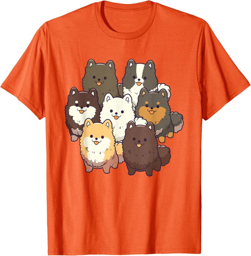 Cute Pomeranian Dog Group Cartoon Print Casual Cotton T-Shirt for Men Trip
