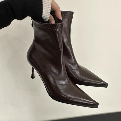 Короткие заостренные сапоги женские осень и зима 2025 новые сапоги короткие сапоги из флиса нишевые тонкие женские сапоги сапоги на тонком каблуке сапоги на высоком каблуке