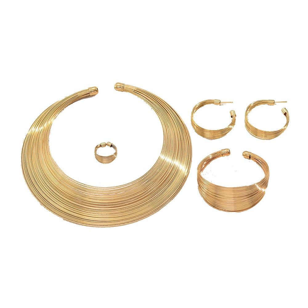 Fashionable Multi-Layer Metal Jewelry Set Geometric Line Collar Adjustable Opening Wristband For Women