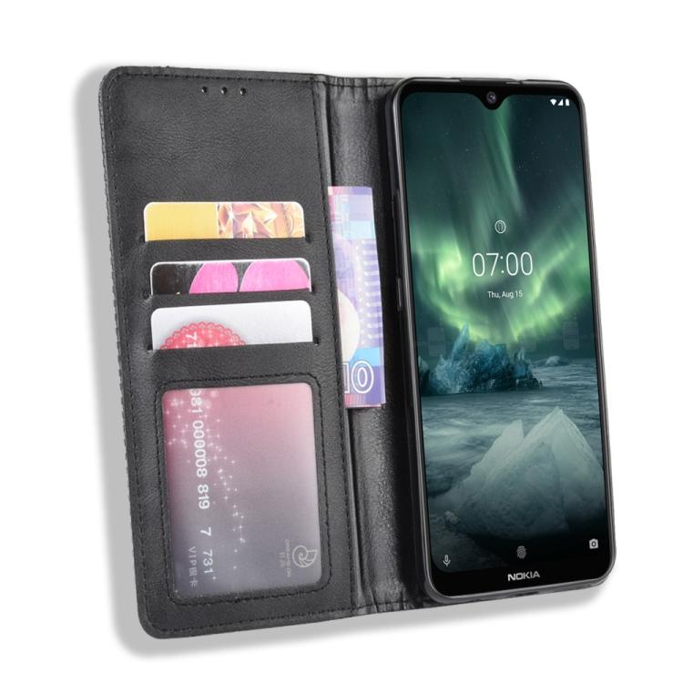 Для Nokia 7.2 / Nokia 6.2 Кожаный чехол-книжка с магнитной застежкой, текстура ретро "Crazy Horse", с держателем, слотами для карт и фоторамкой