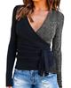 Black Contrast Printed Tie Side Wrapped Long Sleeve Top