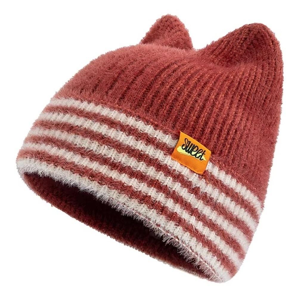 Y2K Lovely Style Cat Ear Beanie Hat Candy Colors Stripes Pattern Winter Hats Sweet Design Warm Hats Winter Season