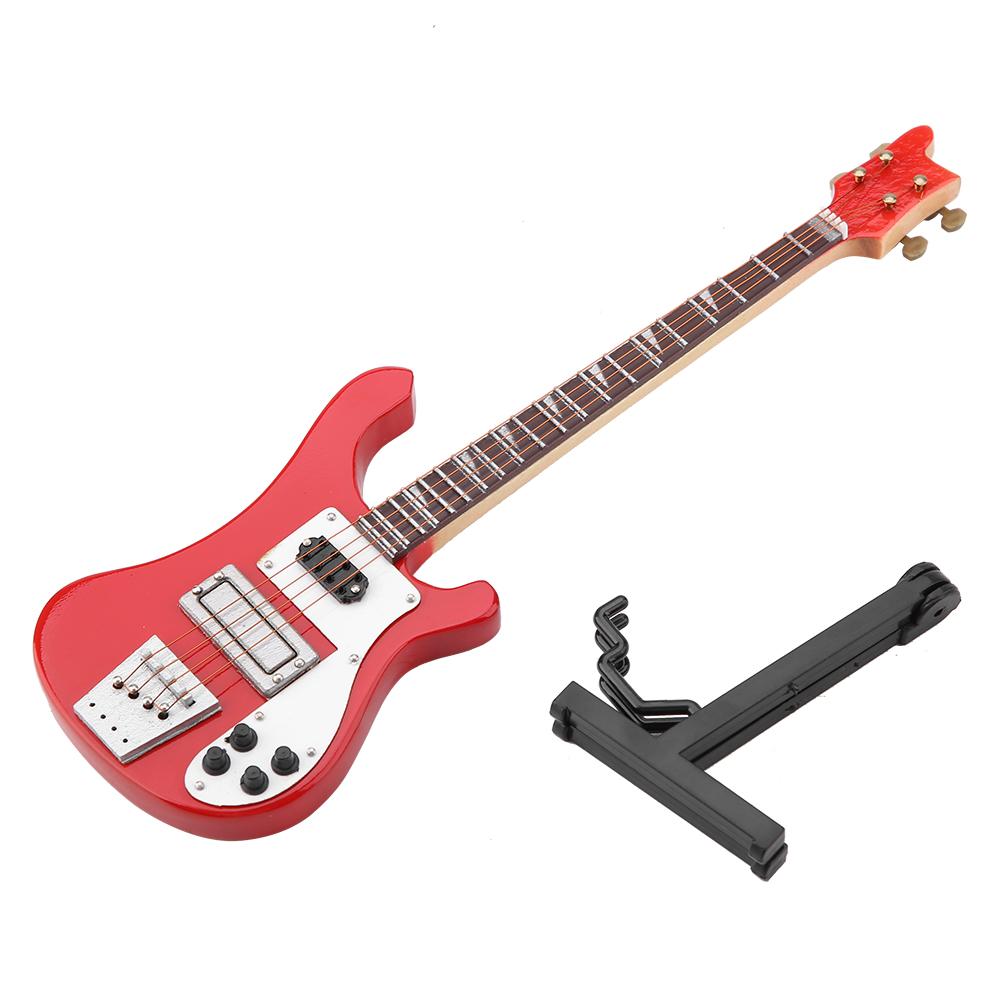 Red Miniature Bass Guitar Replica with Stand and Case Instrument Model Ornaments Christmas Gift