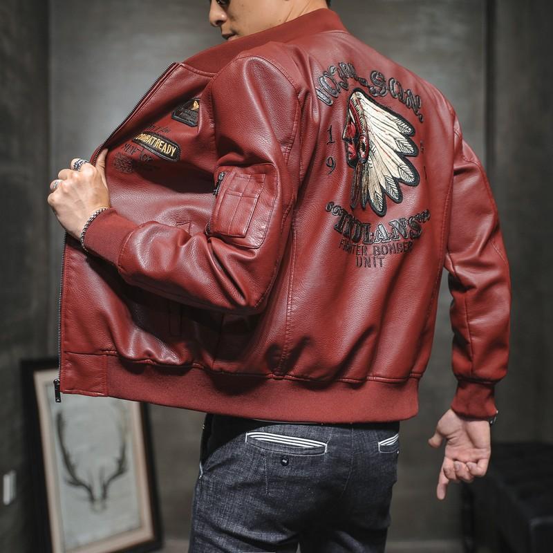 Men's Pu Leather Jacket Baseball Collar Embroidered Locomotive Clothing Spring and Autumn Men's Casual Trend Leather Jacket