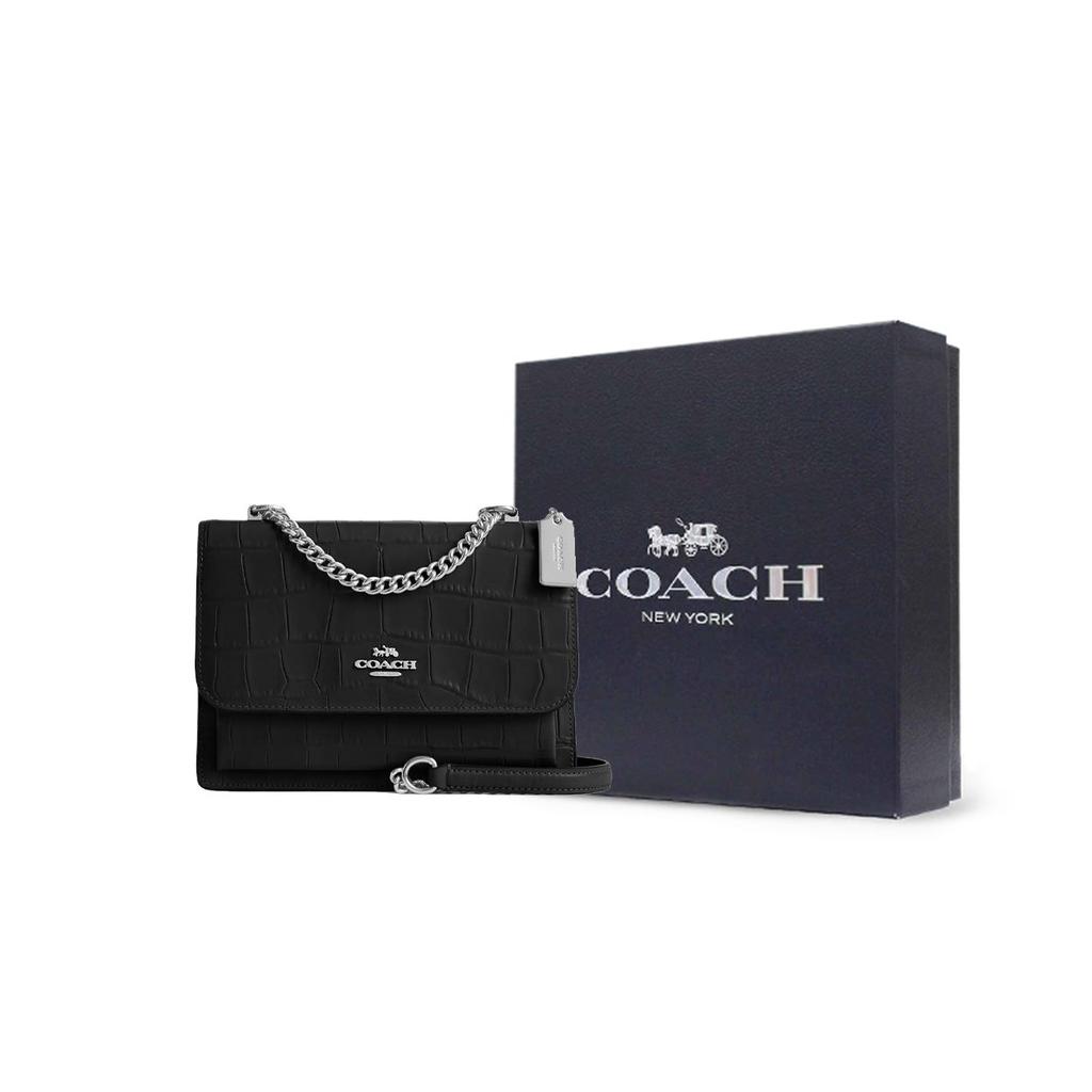 Coach Klare 22 Серебряные Металлические Аксессуары Кожаная Сумка через Плечо с Тиснением под Кожу Крокодила Маленькая Женская Сумка Черная CC840-SVBK